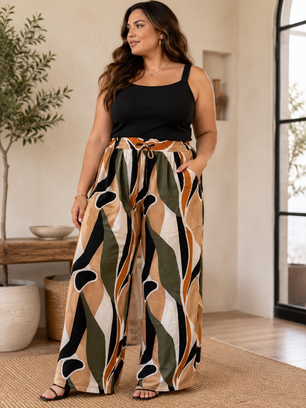 Rachel Roy 1X Abstract Print Wide Leg Pull On Pants Orange Olive Tan NWOT